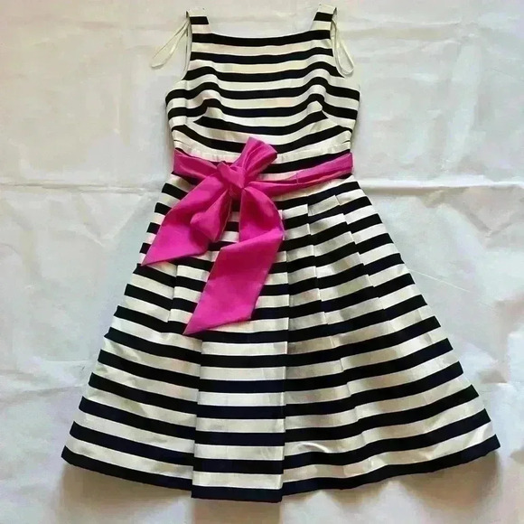 Eliza J Fit & Flare Pleated Navy Cream Striped Dress Belted Pink Bow Sash 6 - Picture 1 of 7